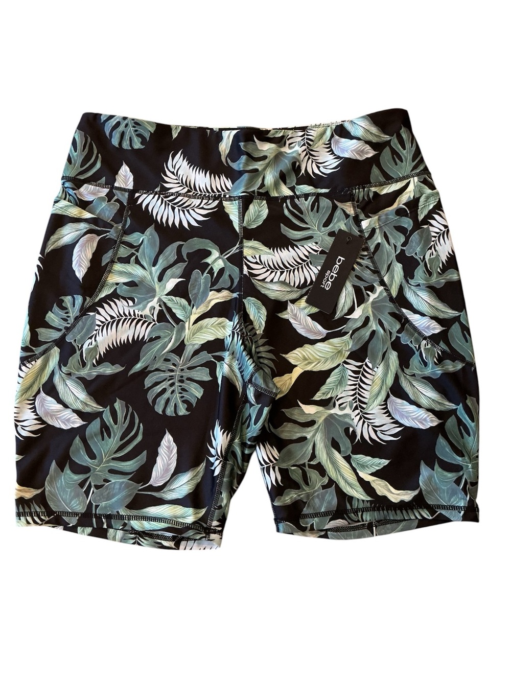 bebe sport Black w/Green Tropical Leaf Print w/2 Side Pockets Bike Shorts 3X NWT